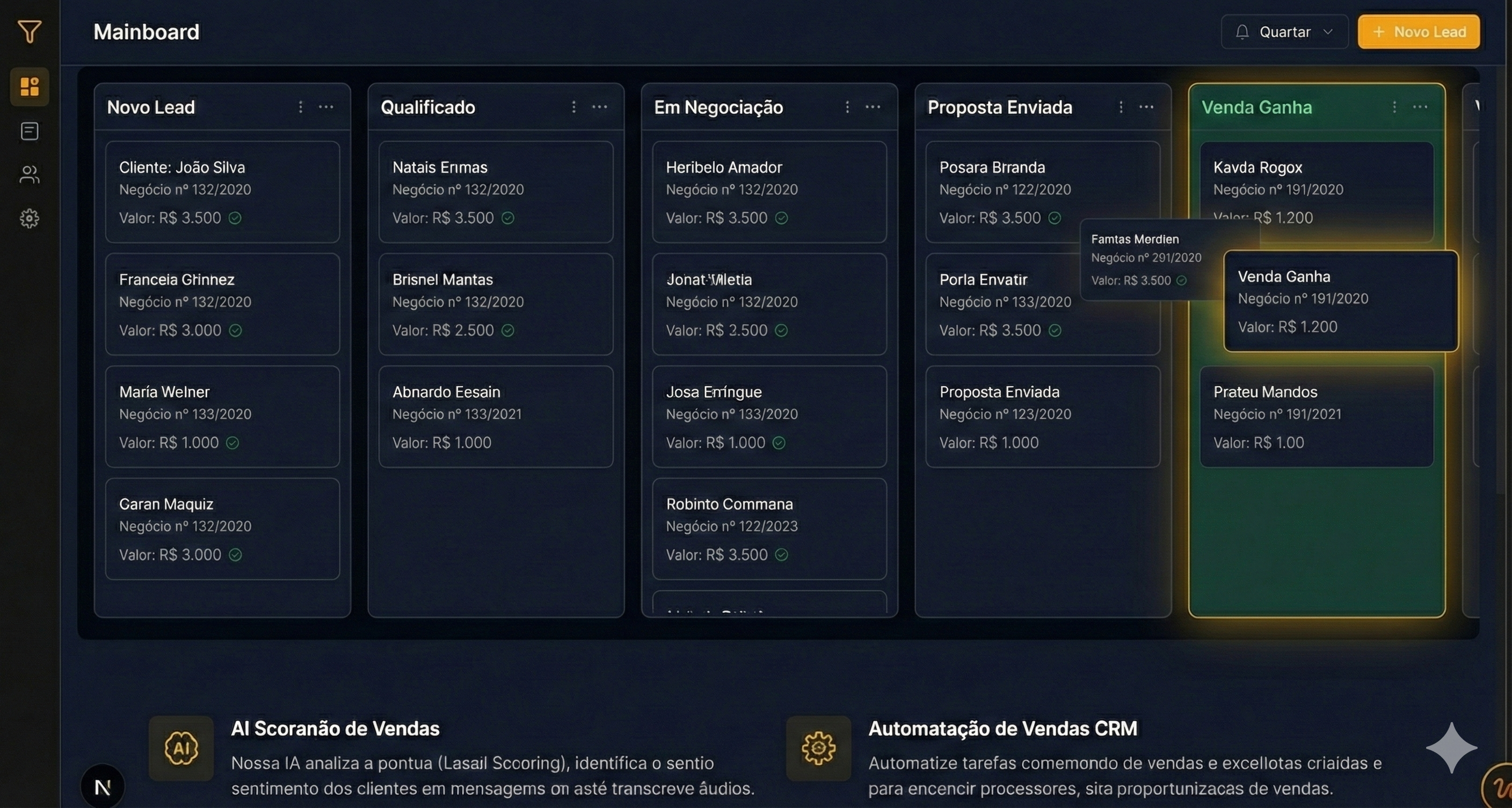 Painel Kanban do Yvion CRM
